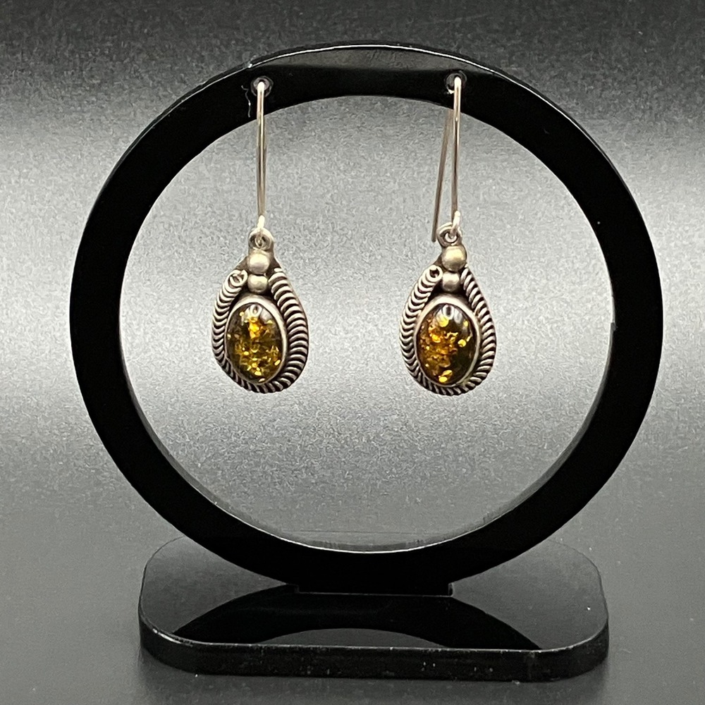 Artisan Sterling Silver Green Amber Dangle Earrings Rope Coil Detail  Boho - Picture 6 of 9
